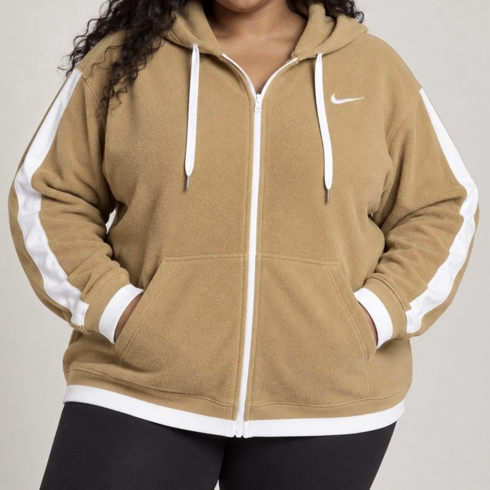 Nike Fleece Hoodie 3XL Tan White Stripe Y2K Retro Track Streetwear Gorpcore